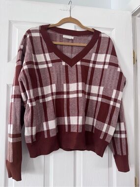 Christian Siriano Burgundy & Cream Plaid V-Neck Sweater